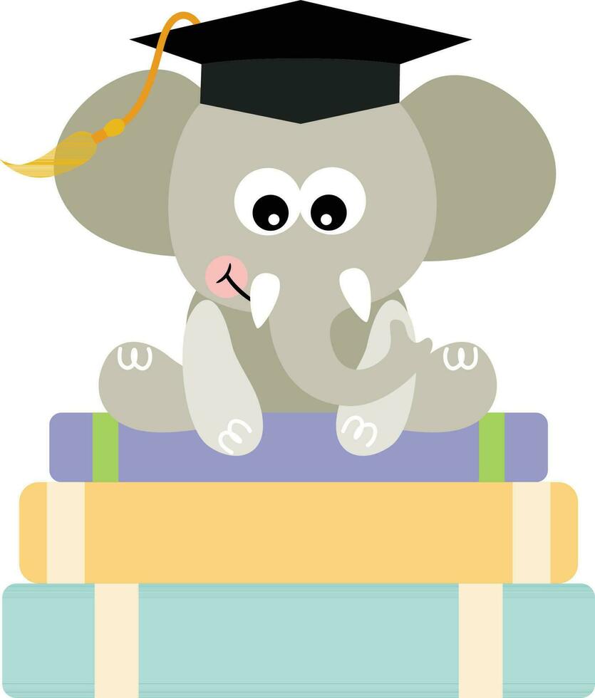 mignonne l'éléphant avec l'obtention du diplôme casquette séance sur Haut de livres vecteur