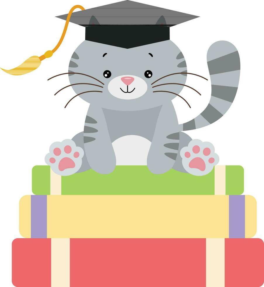 mignonne chat avec l'obtention du diplôme casquette séance sur Haut de livres vecteur