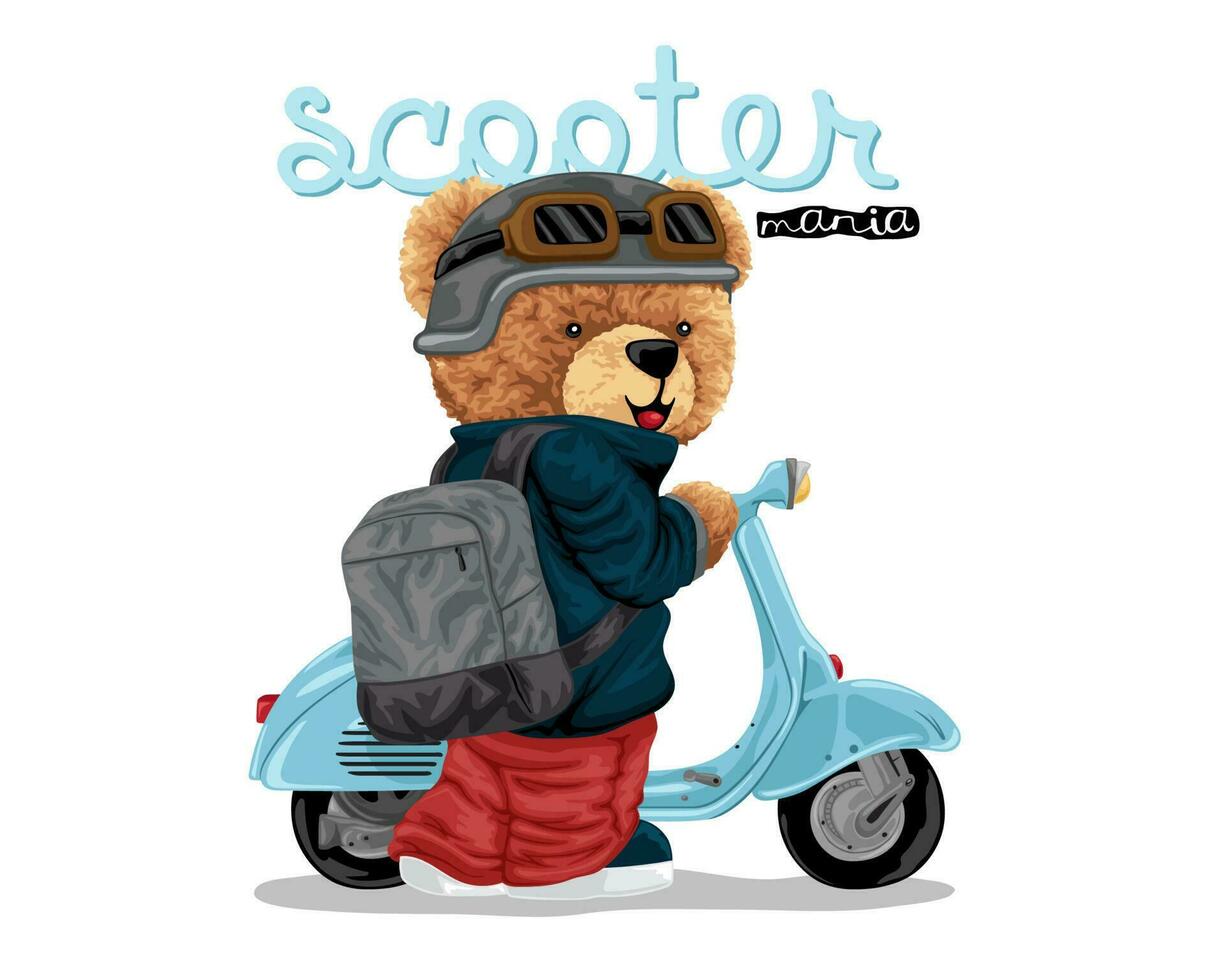 main tiré vecteur illustration de nounours ours avec scooter