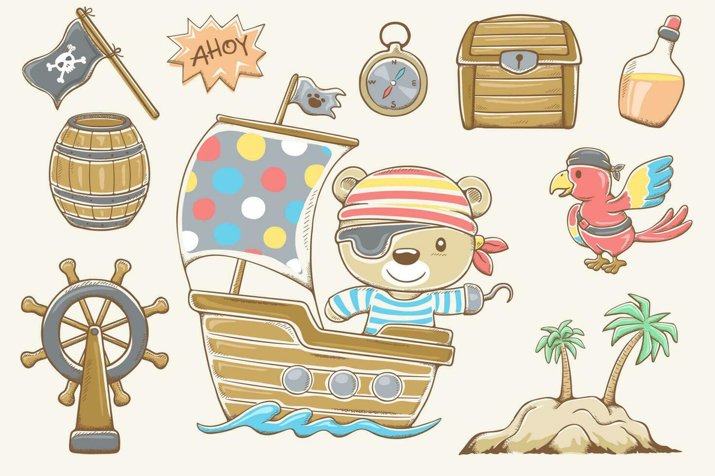 vecteur illustration de mignonne ours dessin animé dans pirate costume sur voilier, pirate éléments dans main tiré style