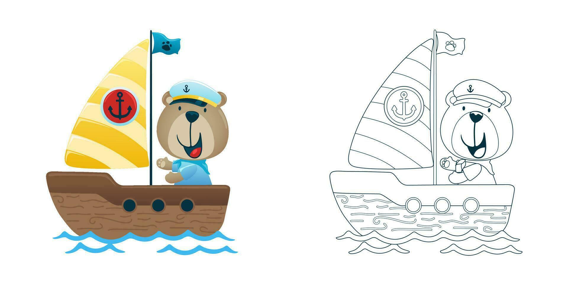 vecteur illustration de dessin animé ours sur voilier. coloration livre ou page pour des gamins