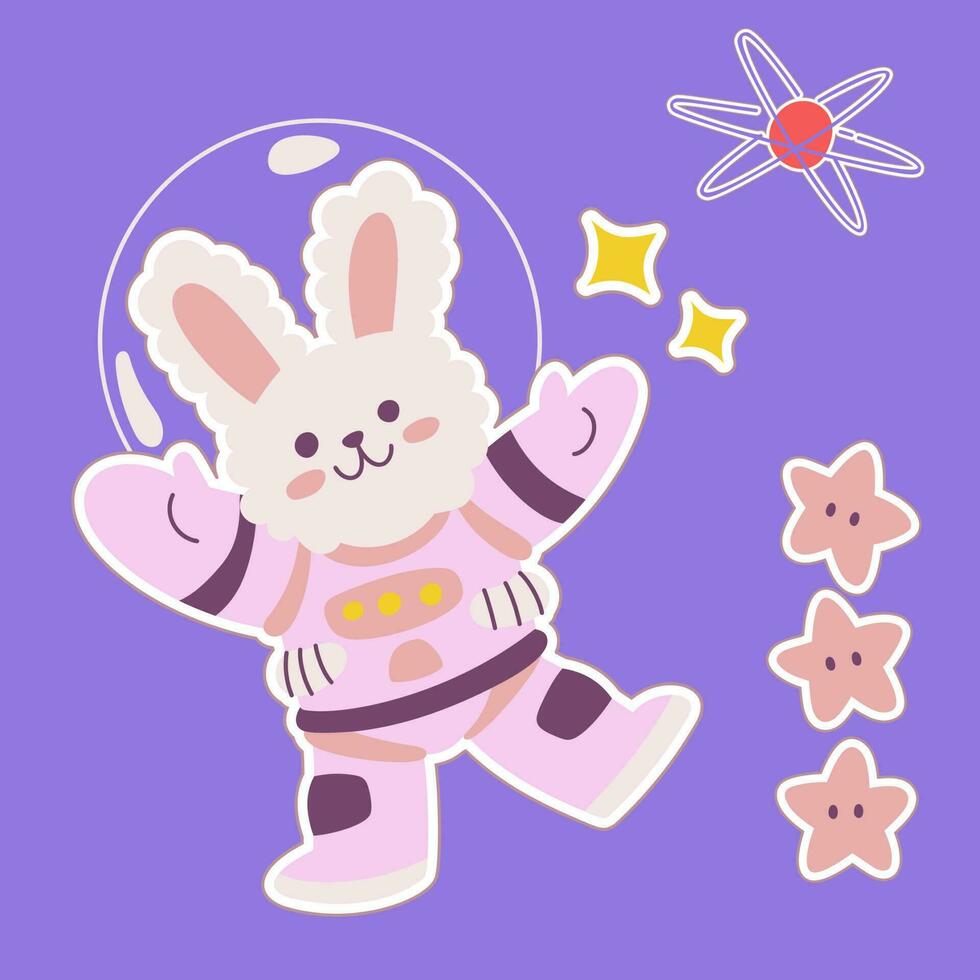 mignonne astronaute lapin autocollant vecteur illustration avec étoile et comète, cosmonaute lapin agitant main, univers planète animaux mascotte explorant périple flottant dans scaphandre astronaute costume, marrant animal de compagnie