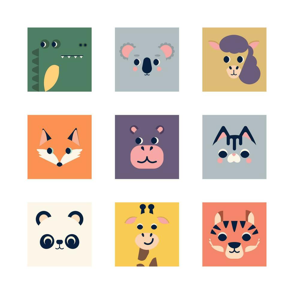 mignonne animal portraits. génial pour conception bébé vêtements, affiches, avatar, icône, cartes, modèle pour tissus, emballage papier, fond d'écran, cartes postales. vecteur illustration dans plat, simple, géométrique style.