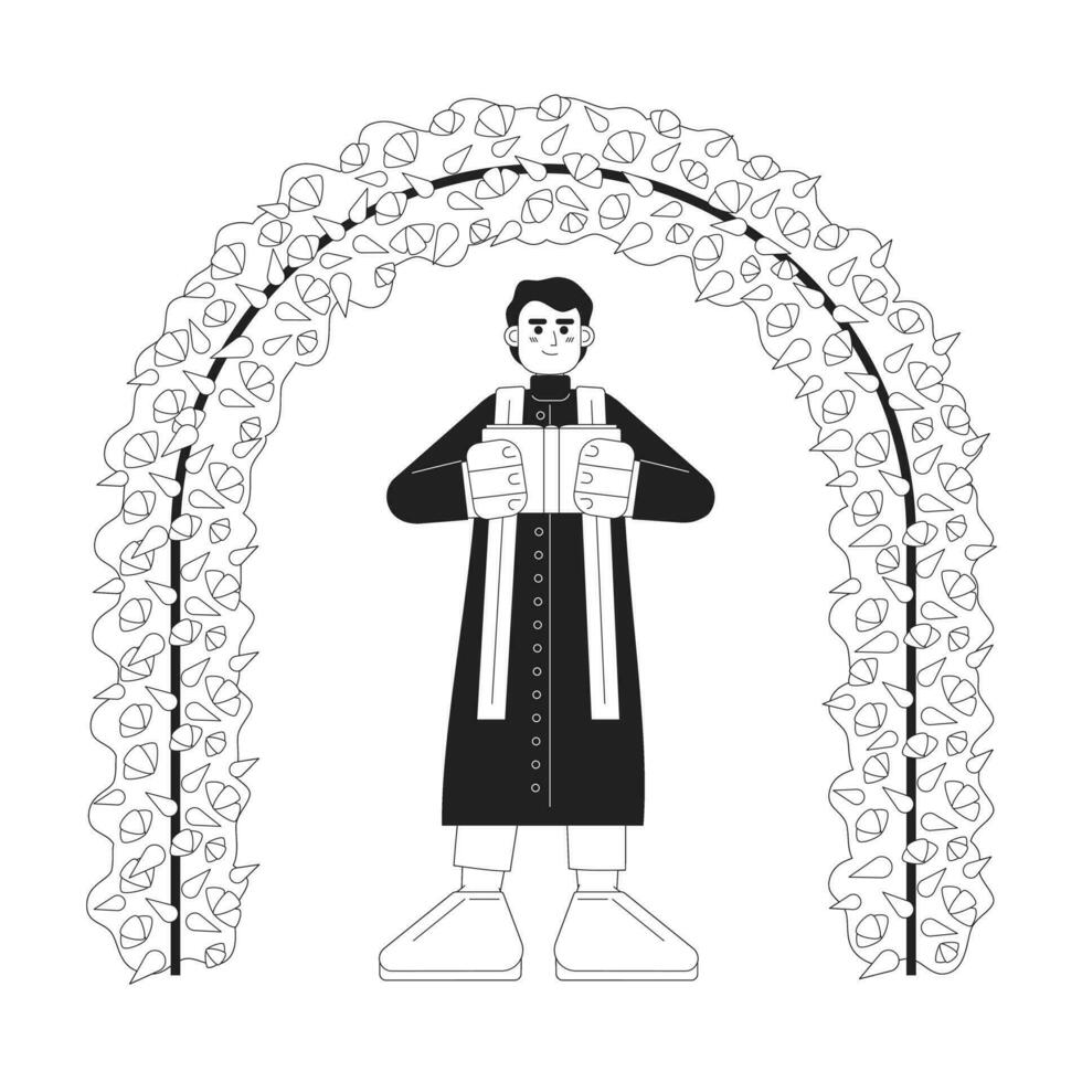 hindou mariage célébrant monochrome concept vecteur place illustration. Indien homme prédicateur en dessous de cambre 2d plat bw dessin animé personnage pour la toile ui conception. rituel isolé modifiable main tiré héros image