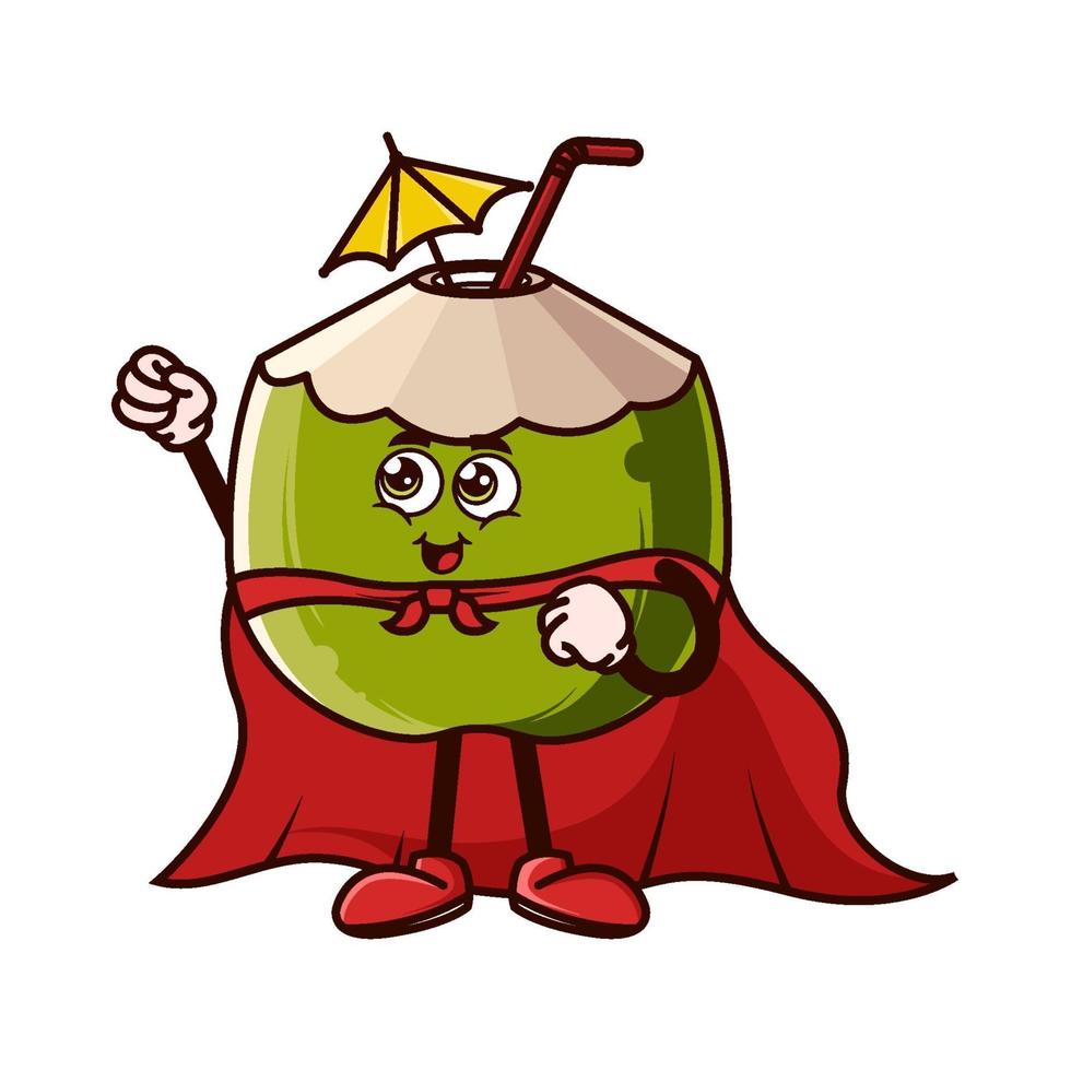 mignon personnage de noix de coco avec cape de super héros vecteur