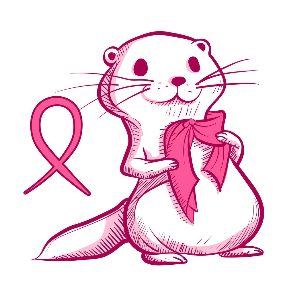 conceptuel art de une rose loutre portant une écharpe pour Sein cancer conscience mois. mignonne dessin animé personnage de une belette avec le Sein cancer arc près il. vecteur