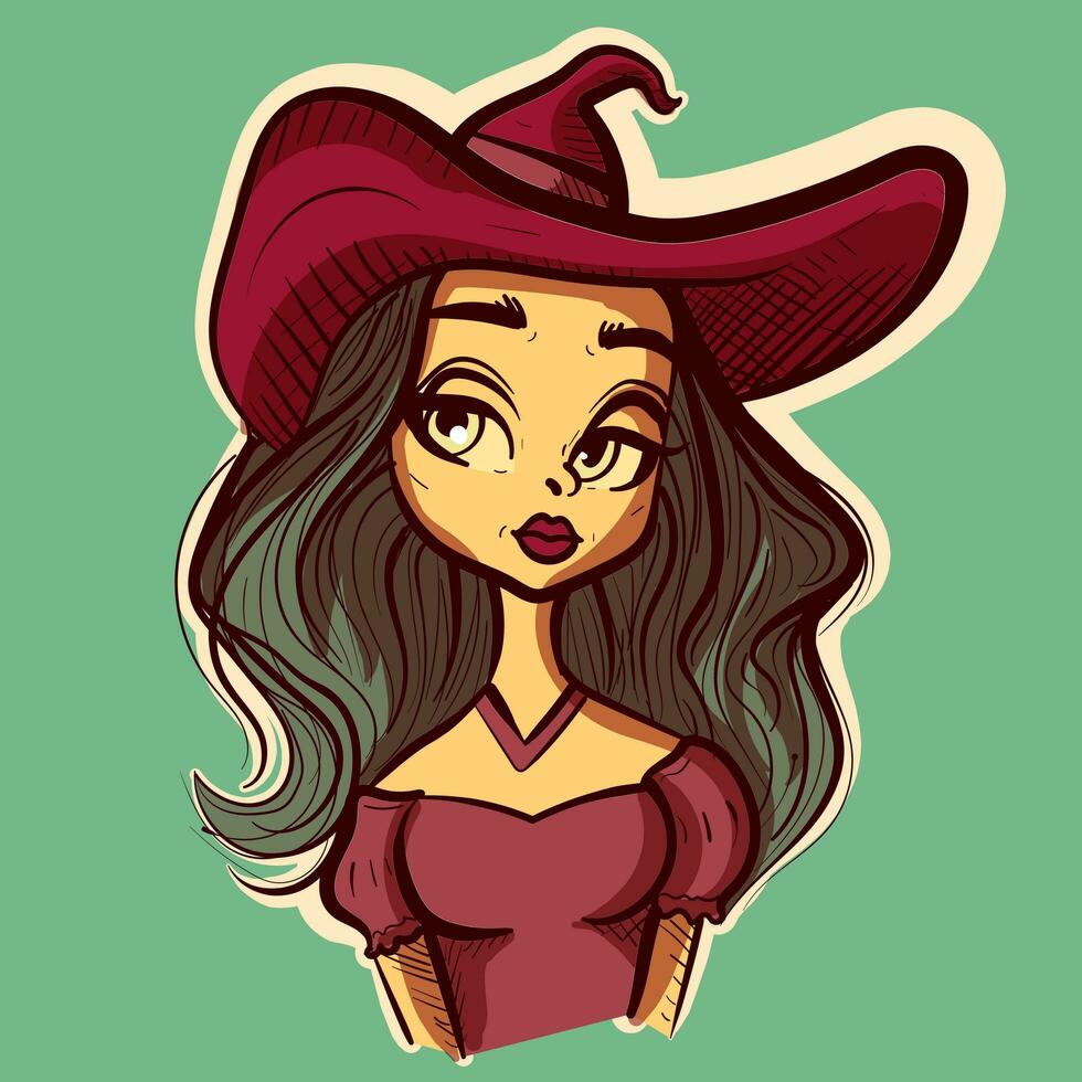 numérique art de une femme sorcière portant une chapeau pour Halloween. avatar dessin animé personnage de une magnifique femelle dans une occulte et gothique tenue. vecteur