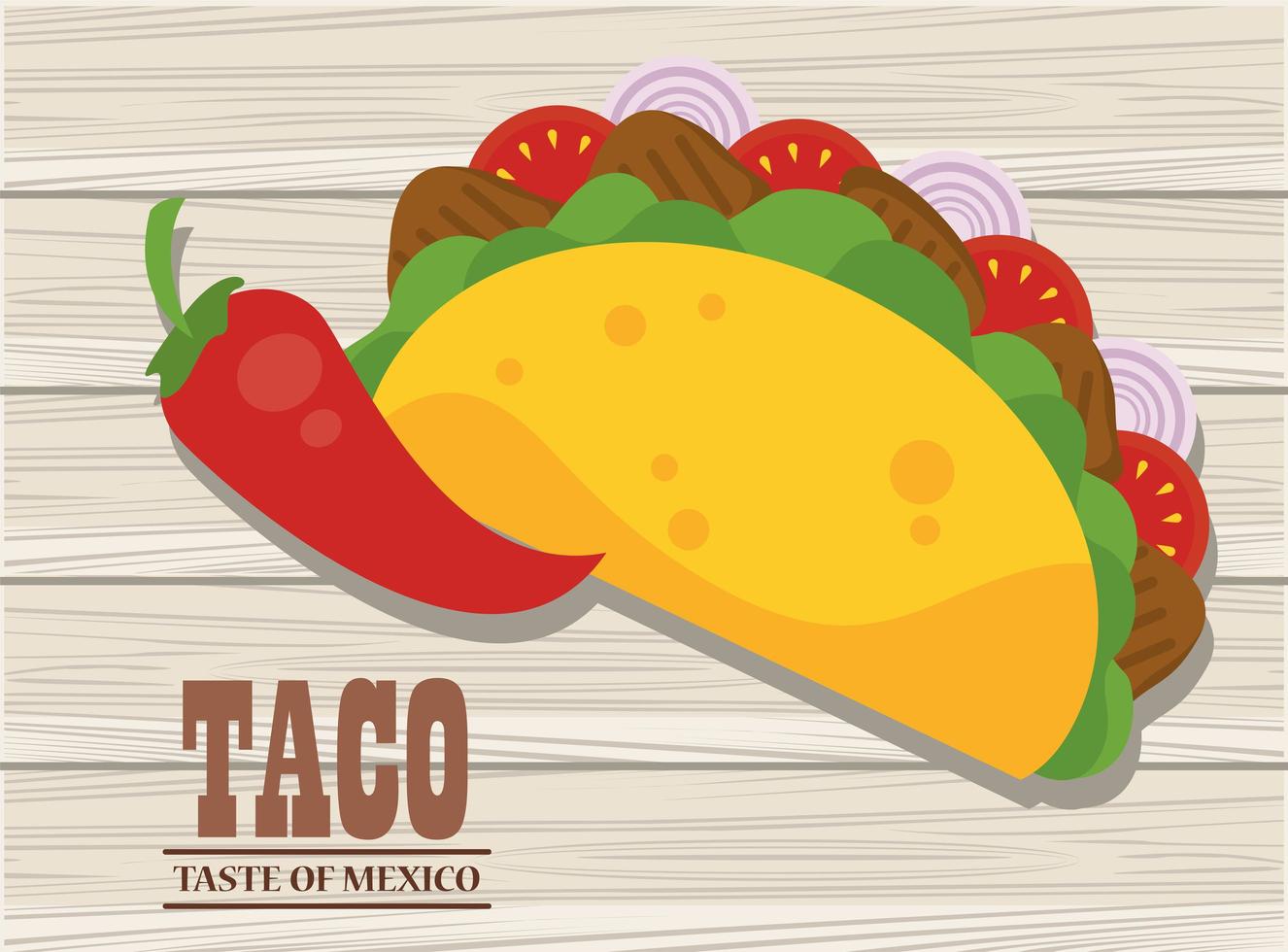 Affiche mexicaine de célébration de jour de taco avec du piment rouge en arrière-plan en bois vecteur