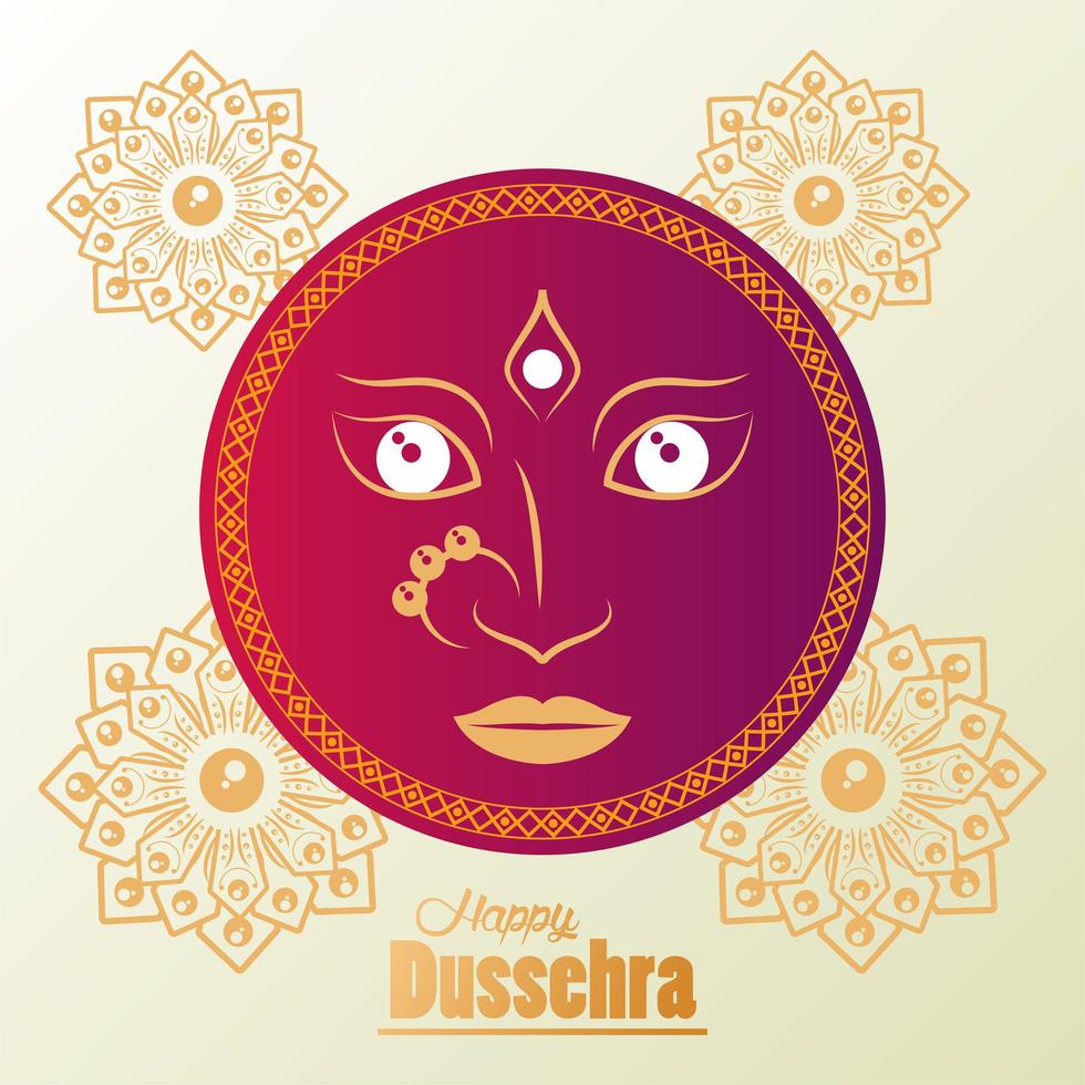 carte de célébration de dussehra heureux avec visage de déesse et mandalas vecteur