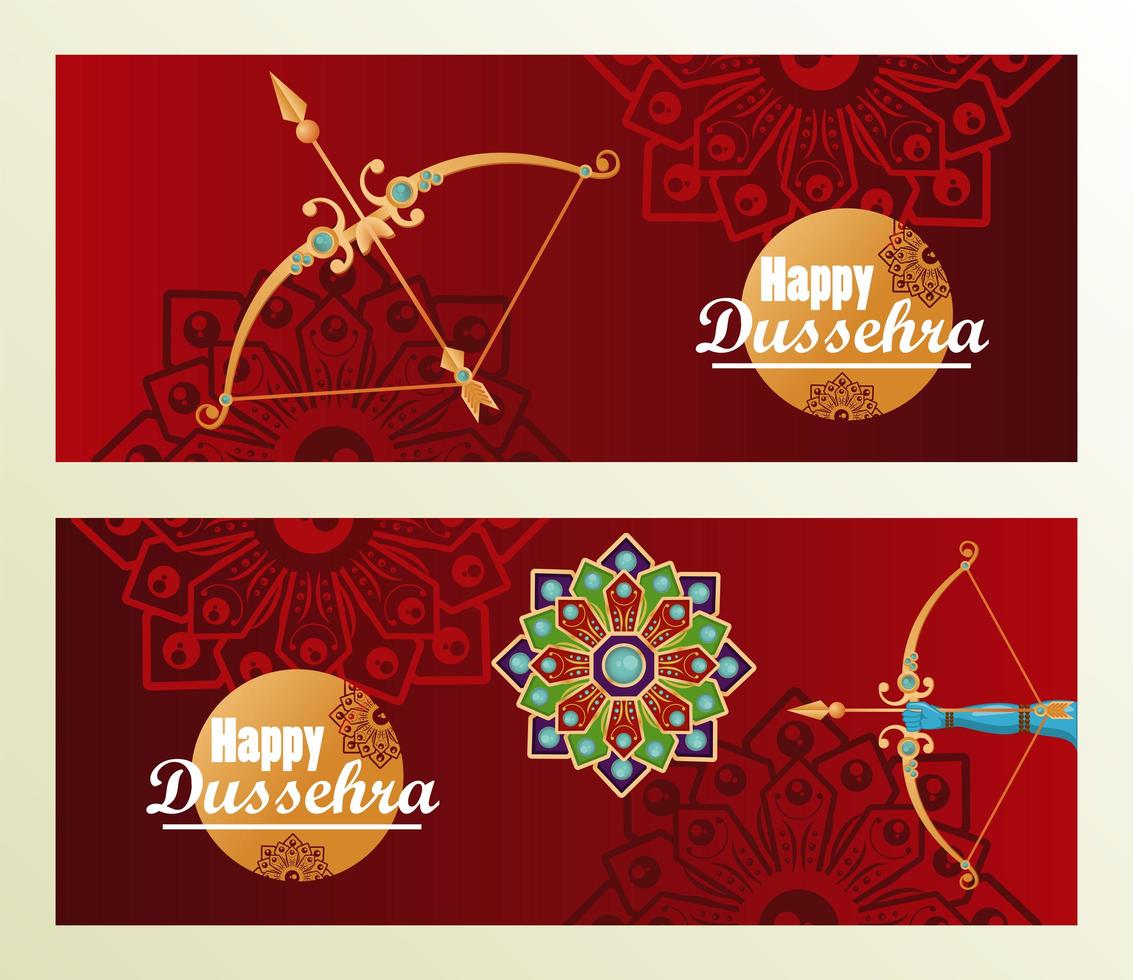 Carte de célébration joyeux dussehra avec arcs et mandala en fond rouge vecteur