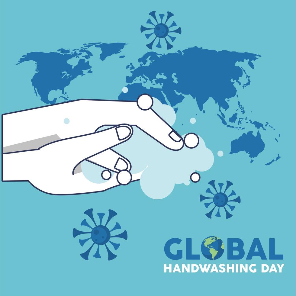lettrage de la journée mondiale du lavage des mains avec lavage des mains et particules de covid19 vecteur