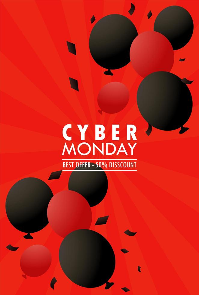 affiche de vacances cyber lundi avec des ballons de couleurs rouges et noirs flottant à l'hélium vecteur