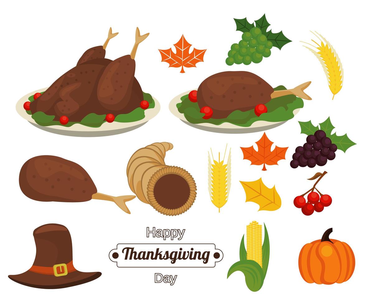 lettrage joyeux jour de Thanksgiving avec de la nourriture et des accessoires vecteur