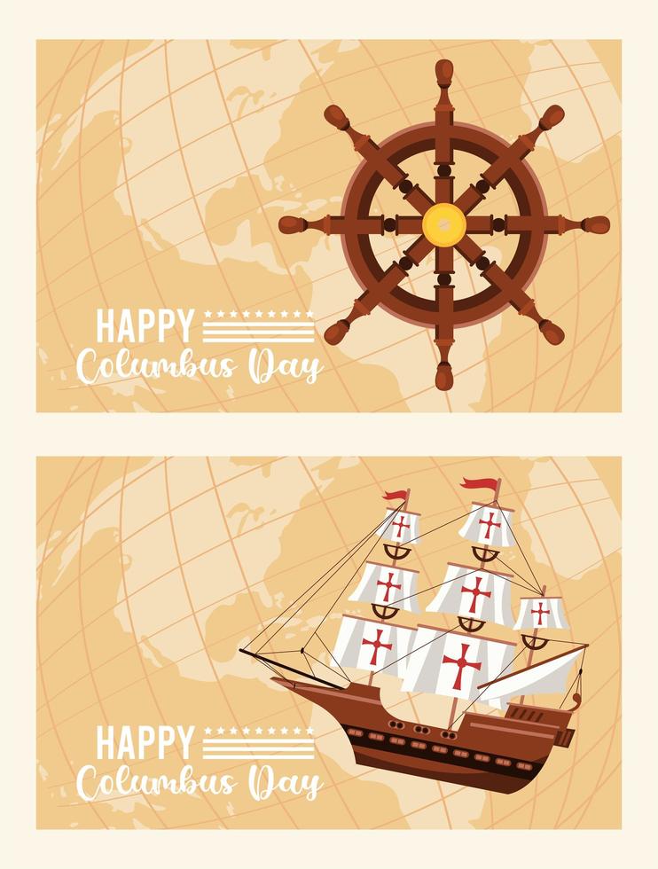 joyeuse fête de columbus day avec gouvernail de bateau et caravelle vecteur