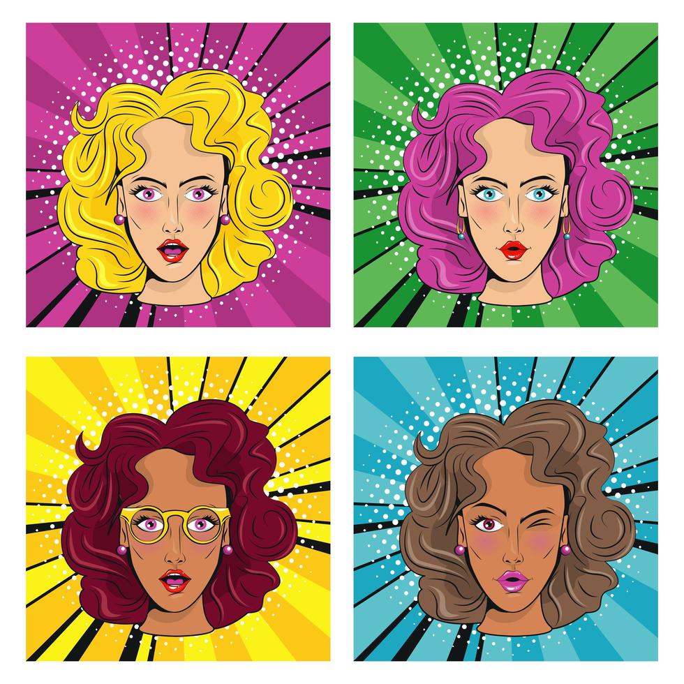 groupe de belles filles avec des personnages de poils de couleurs style pop art vecteur