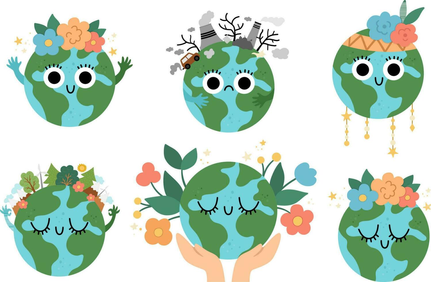 vecteur Terre ensemble pour enfants. Terre journée collection avec mignonne kawaii souriant planètes. environnement amical Icônes avec globe et forêt, la pollution ou fleurs sur Haut. écologique concept