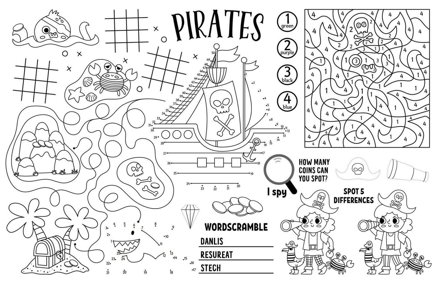 vecteur pirate napperon pour enfants. Trésor chasser imprimable activité tapis avec Labyrinthe, tic tac doigt de pied graphiques, relier le des points, trouver différence. mer aventure noir et blanc jouer tapis ou coloration page