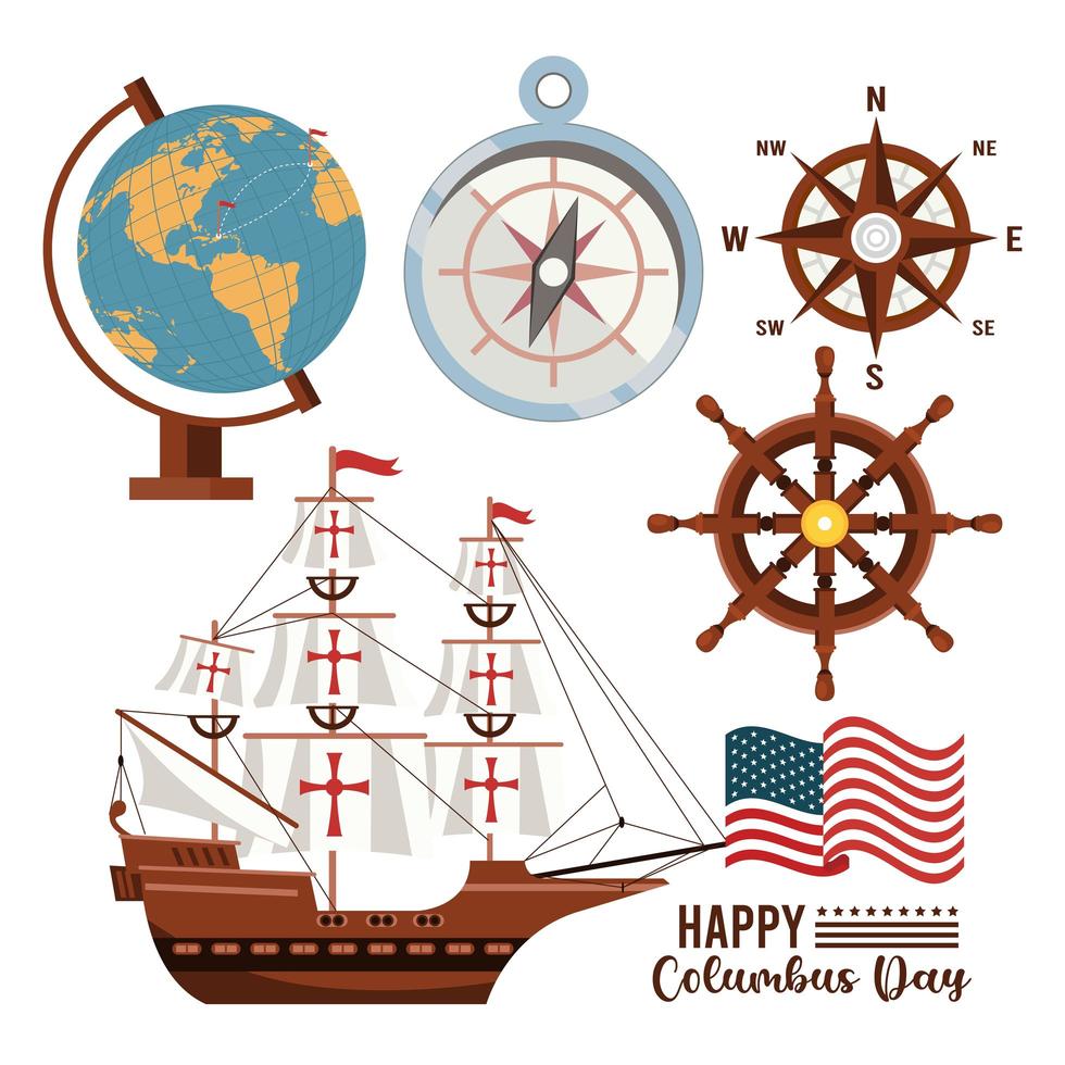 joyeuse fête de columbus day avec voilier et set d'icônes vecteur