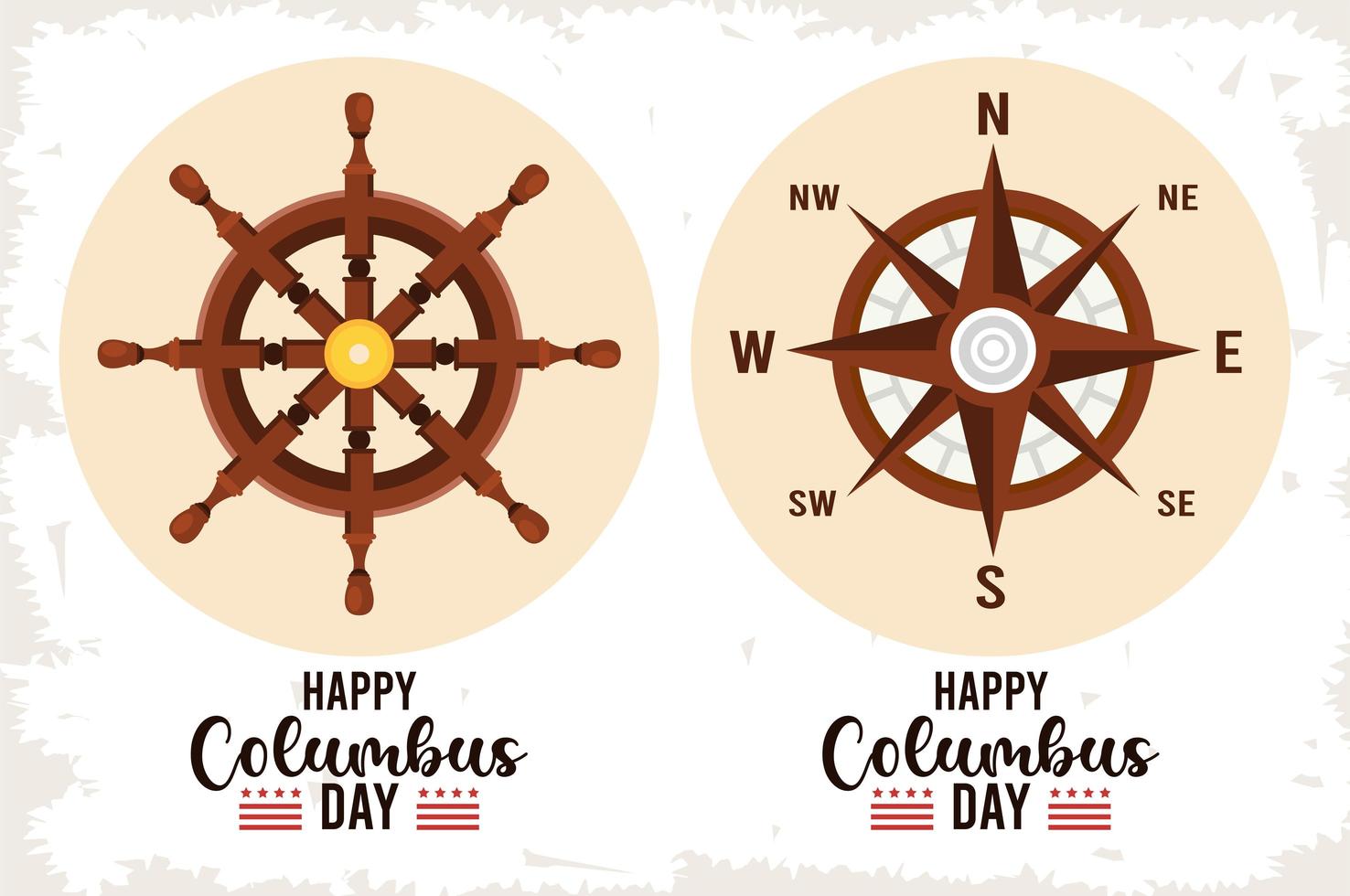 joyeuse fête de columbus day avec gouvernail de bateau et guide de la boussole vecteur