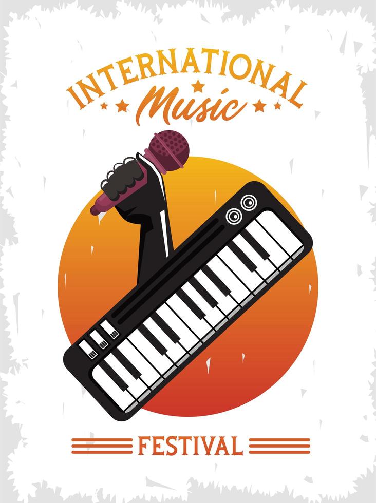 affiche du festival de musique international avec microphone à main levée et piano vecteur