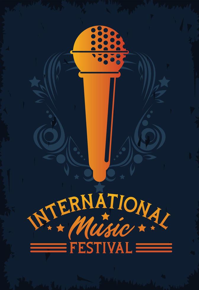 affiche du festival de musique international avec microphone sur fond bleu vecteur