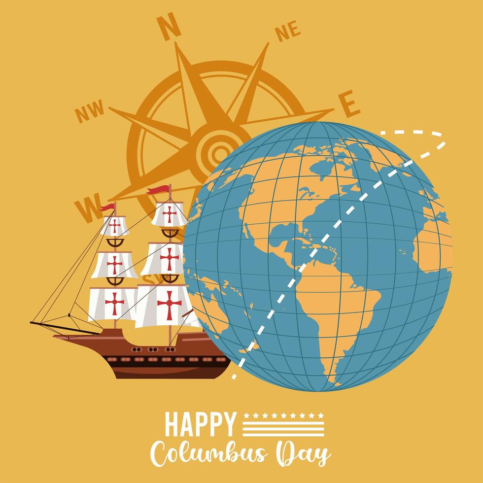 joyeuse fête de columbus day avec voilier et boussole vecteur