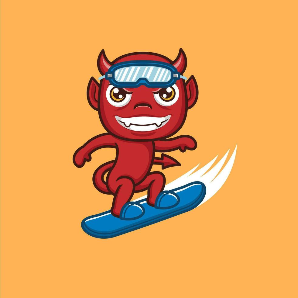 mignonne dessin animé diable en jouant snowboard vecteur