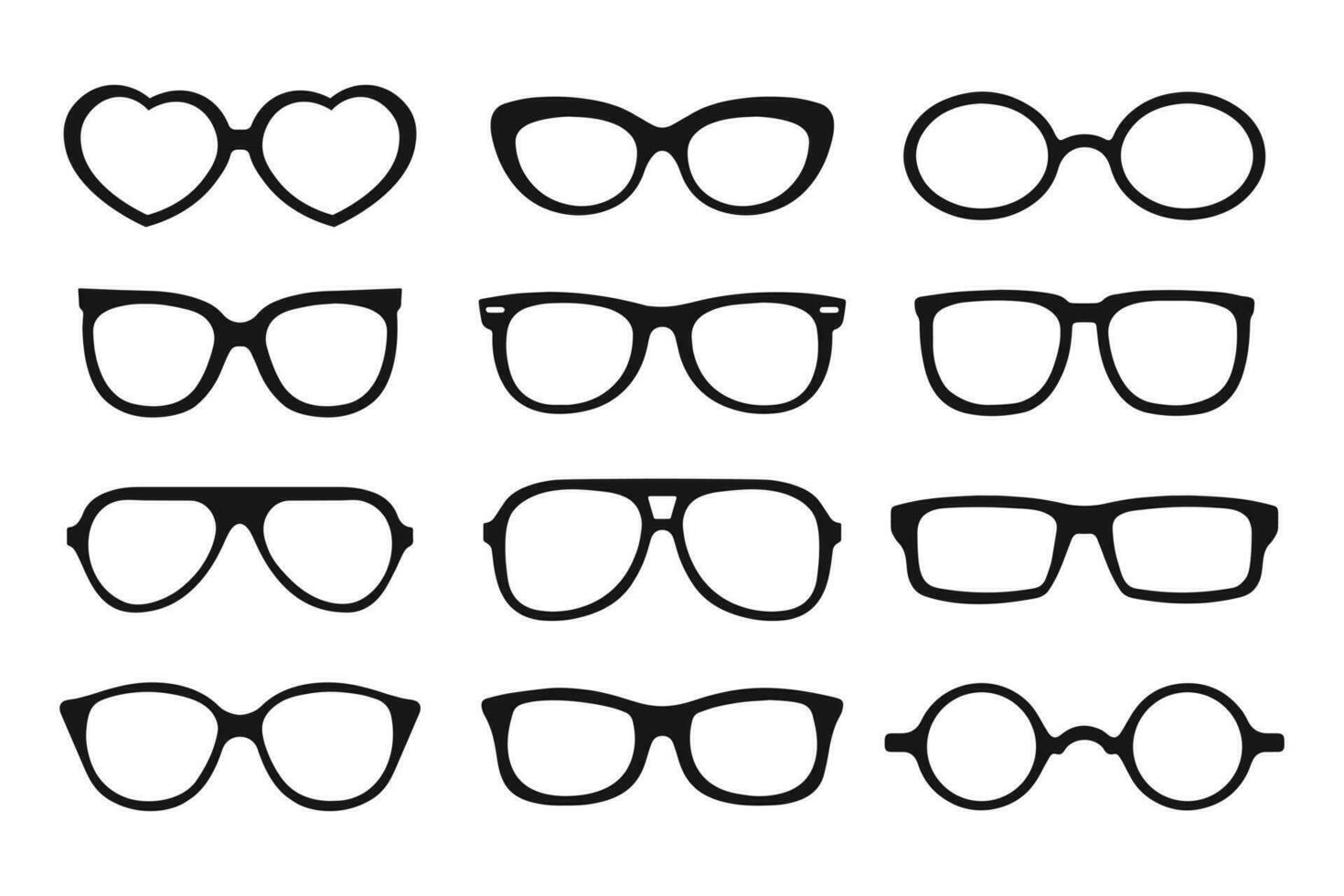 une ensemble de des lunettes de soleil. noir silhouettes de cadres pour aux femmes et Pour des hommes lunettes. Icônes, vecteur