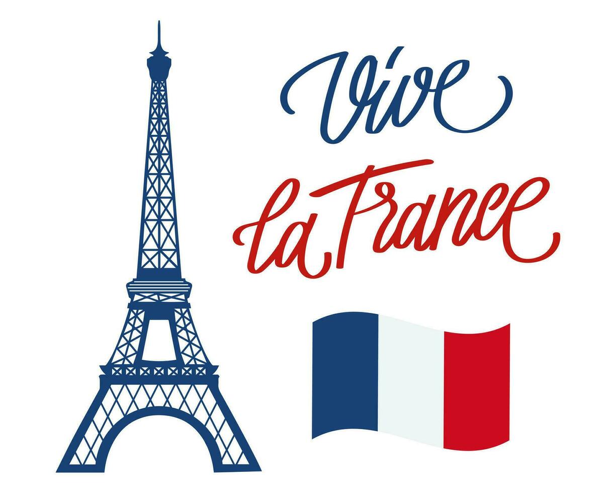 Bastille journée. France nationale vacances affiche. Eiffel la tour et manuscrit caractères. illustration, vecteur