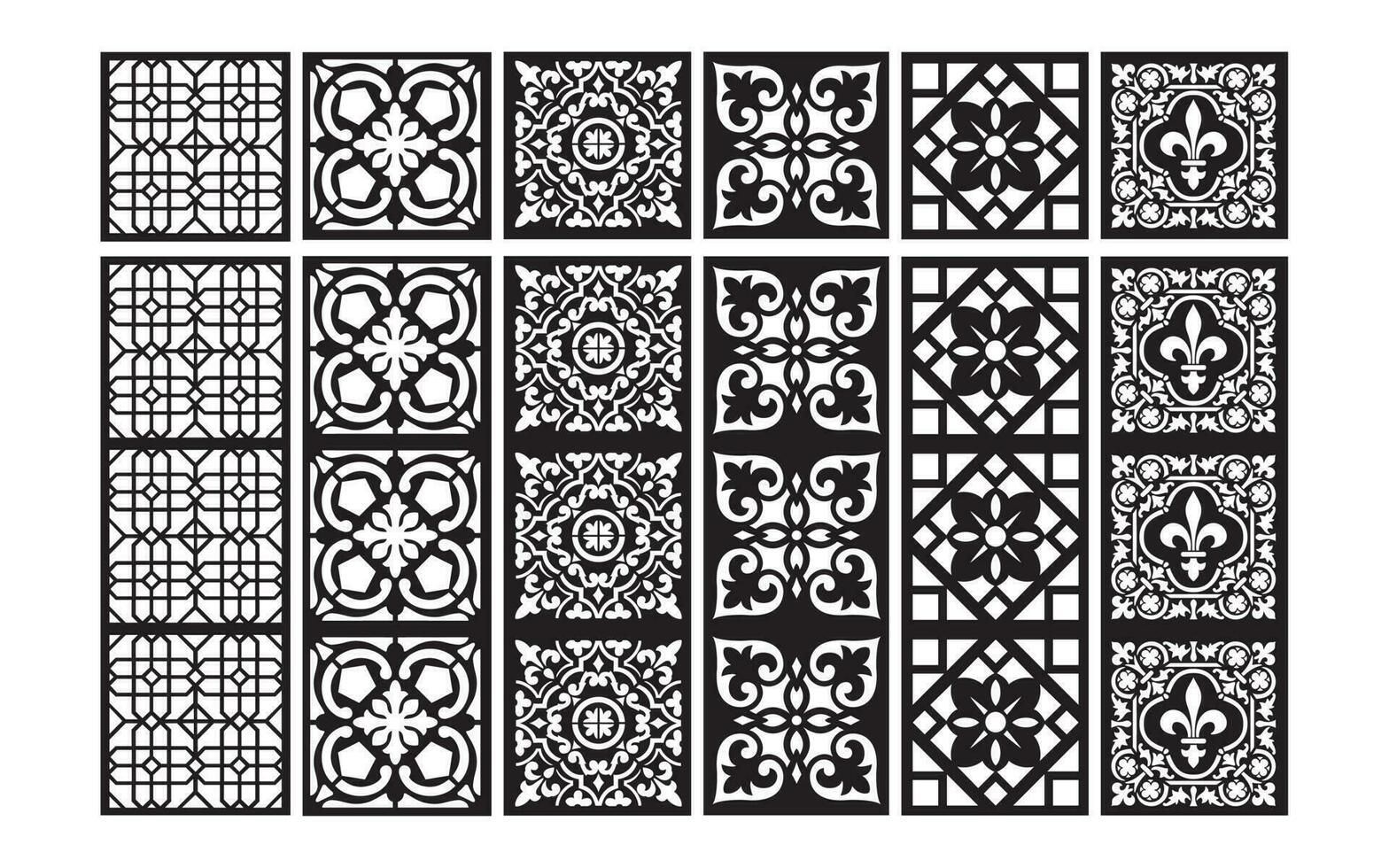 décoratif noir motifs avec blanc arrière-plan, géométrique, islamique et floral modèle pour cnc laser Coupe vecteur