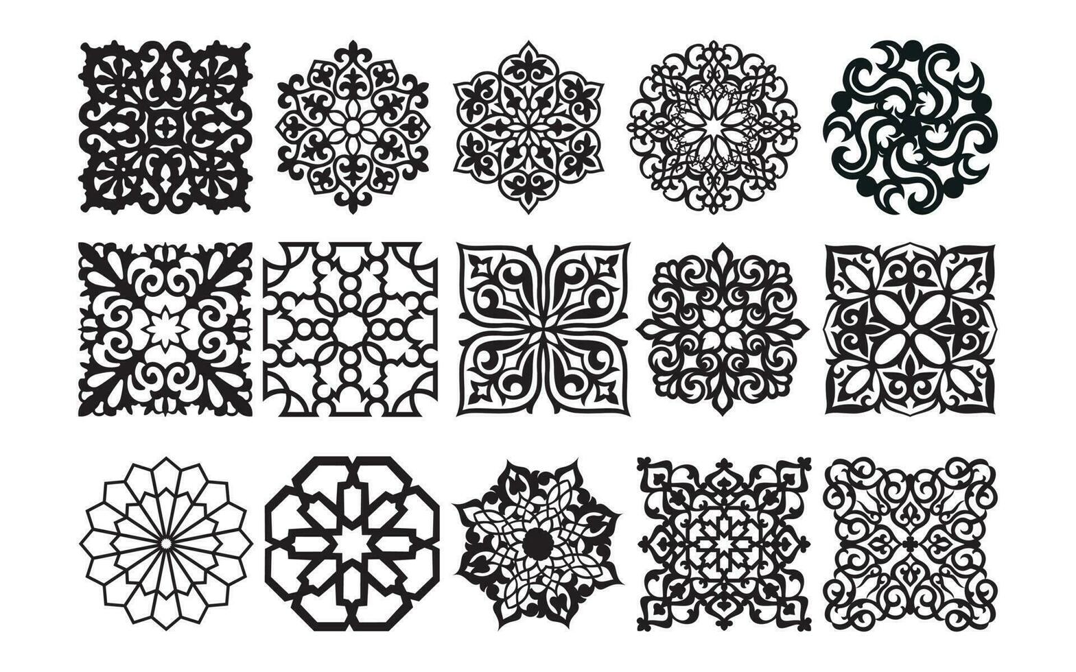 décoratif noir motifs avec blanc arrière-plan, géométrique, islamique et floral modèle pour cnc laser Coupe vecteur