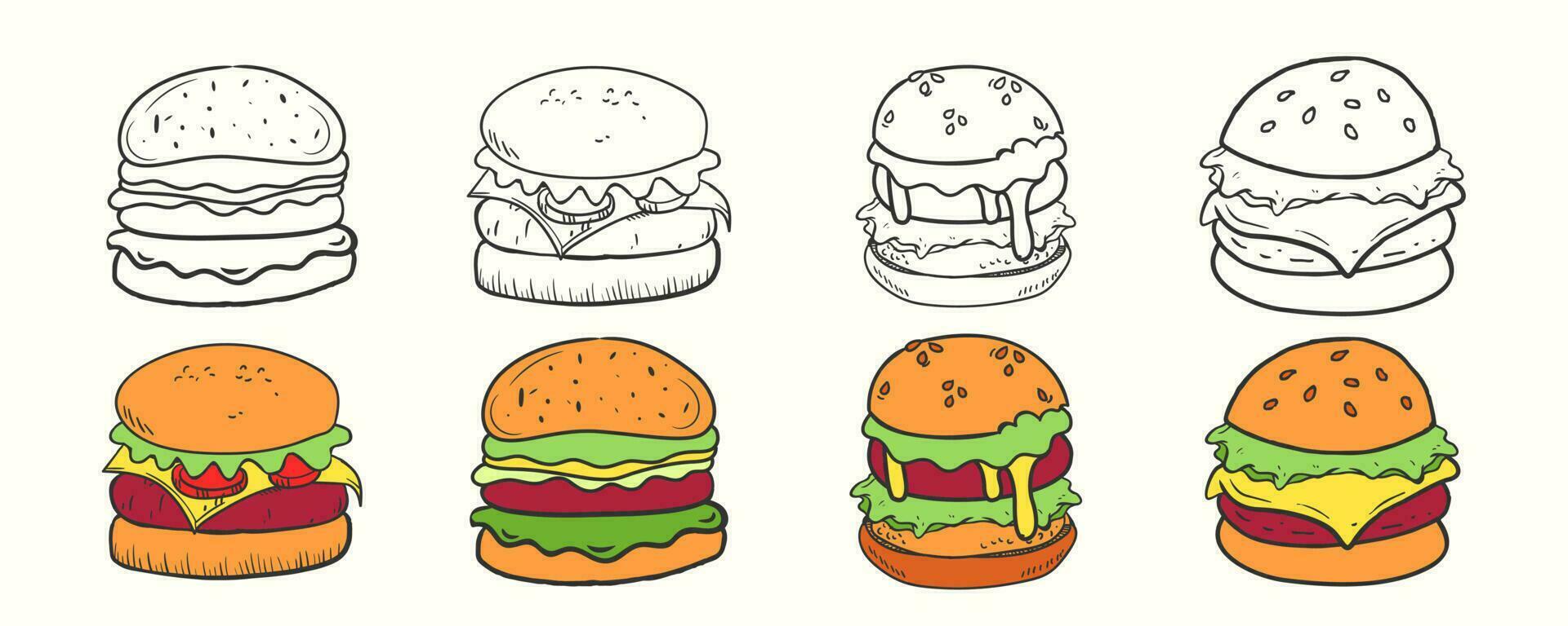 main tiré dessin animé stylé des hamburgers vecteur illustration ensemble