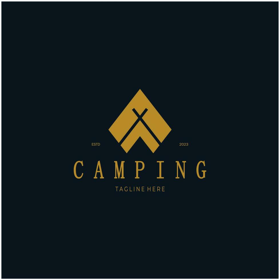 ancien et rétro tente logo, camping. avec tente, arbre et feu signe. aventuriers, éclaireurs, grimpeurs, camping équipement centre vecteur