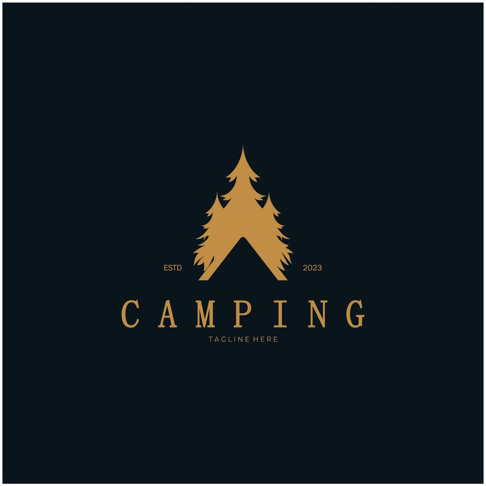 ancien et rétro tente logo, camping. avec tente, arbre et feu signe. aventuriers, éclaireurs, grimpeurs, camping équipement centre vecteur