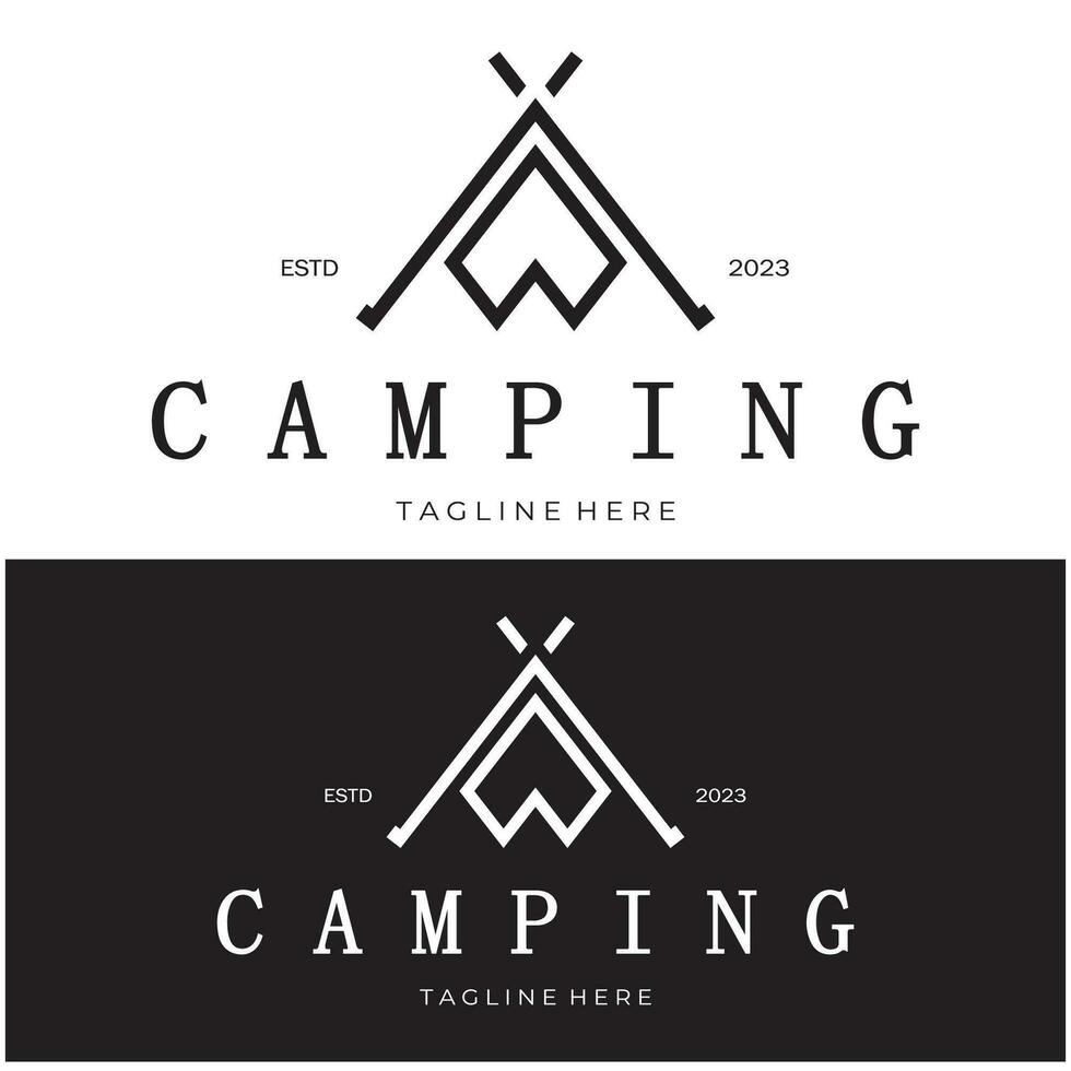 ancien et rétro tente logo, camping. avec tente, arbre et feu signe. aventuriers, éclaireurs, grimpeurs, camping équipement centre vecteur