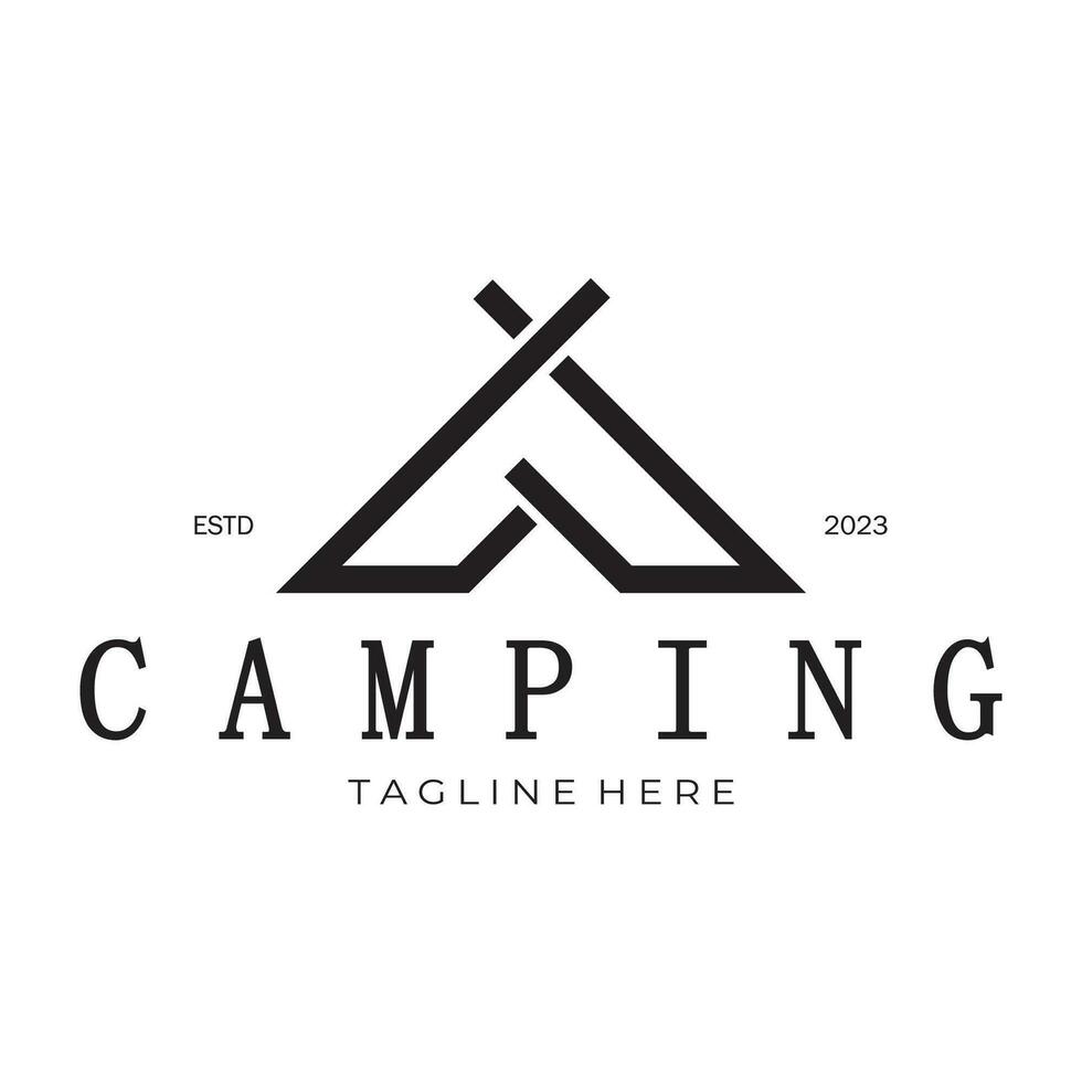 ancien et rétro tente logo, camping. avec tente, arbre et feu signe. aventuriers, éclaireurs, grimpeurs, camping équipement centre vecteur