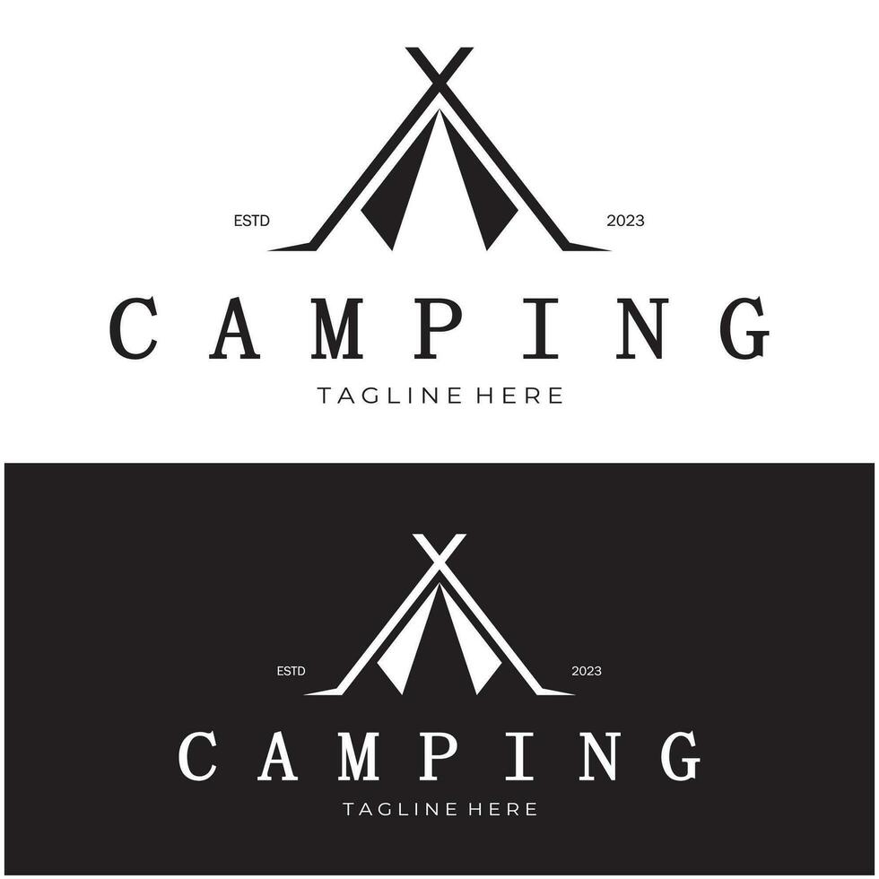 ancien et rétro tente logo, camping. avec tente, arbre et feu signe. aventuriers, éclaireurs, grimpeurs, camping équipement centre vecteur