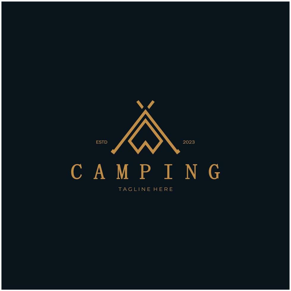 ancien et rétro tente logo, camping. avec tente, arbre et feu signe. aventuriers, éclaireurs, grimpeurs, camping équipement centre vecteur