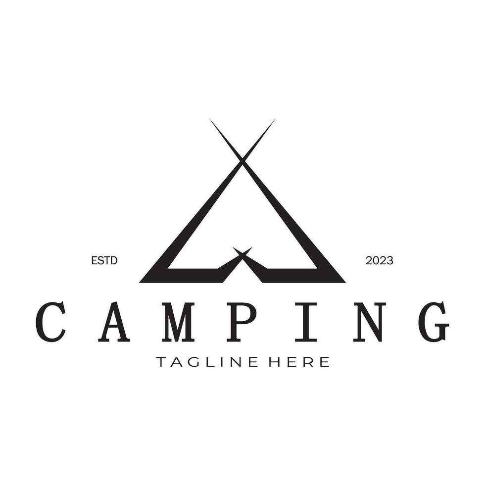 ancien et rétro tente logo, camping. avec tente, arbre et feu signe. aventuriers, éclaireurs, grimpeurs, camping équipement centre vecteur