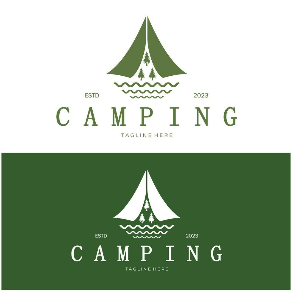 ancien et rétro tente logo, camping. avec tente, arbre et feu signe. aventuriers, éclaireurs, grimpeurs, camping équipement centre vecteur