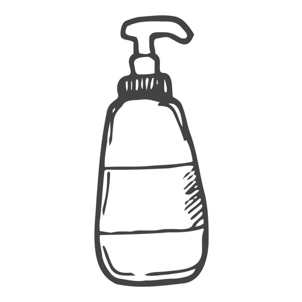 griffonnage vecteur main tiré icône de liquide savon dans Plastique tube avec distributeur pour la lessive mains et antibactérien soins de la peau. nettoyage, cosmétique. conception élément isolé pour typographie et numérique utiliser.