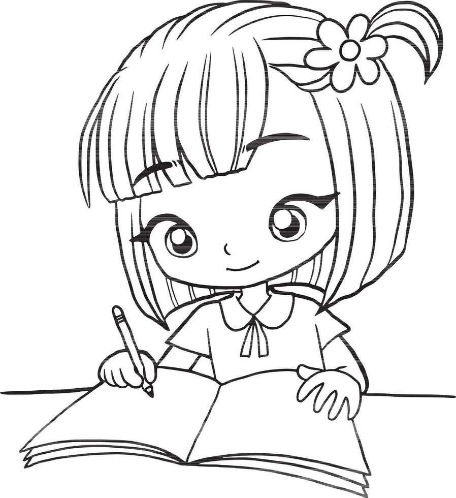 fille en portant une livre dessin animé griffonnage kawaii anime coloration page mignonne illustration dessin personnage chibi manga bande dessinée vecteur