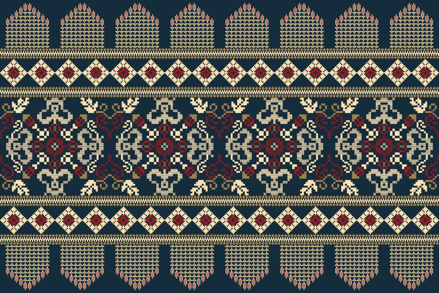 floral tricoté broderie sur marine bleu arrière-plan.géométrique ethnique Oriental modèle traditionnel.aztèque style abstrait vecteur illustration.design pour texture, tissu, vêtements, emballage, décoration, écharpe.