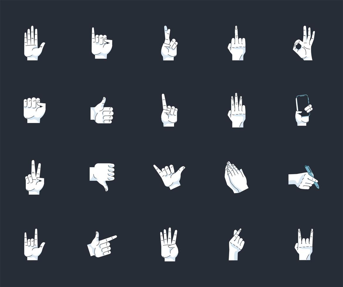 Lot de vingt mains gestes symboles humains sur fond noir vecteur
