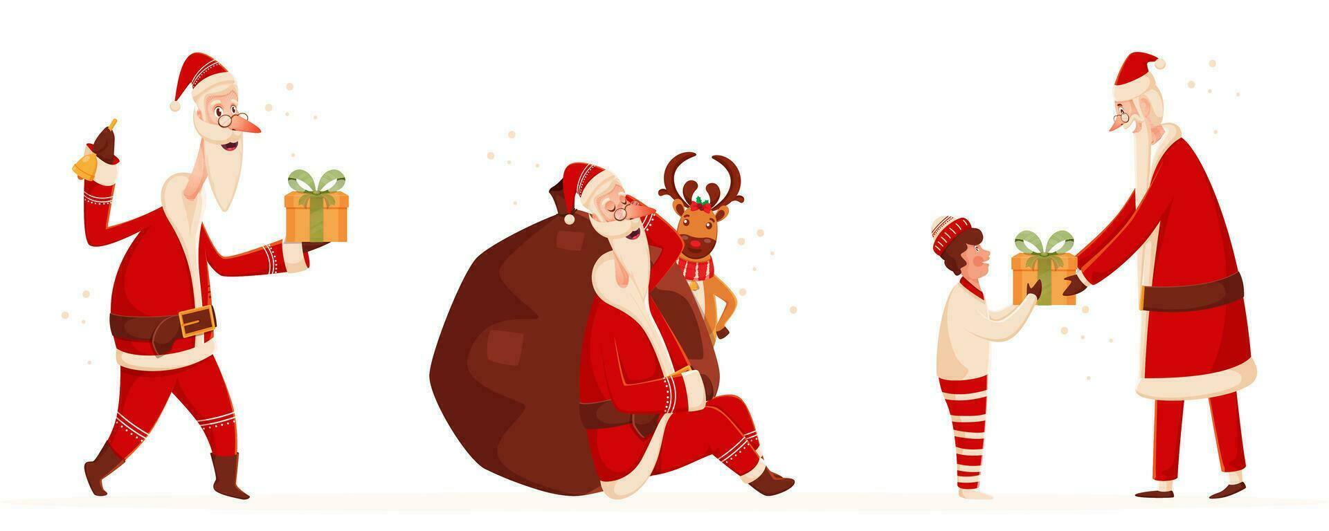 Père Noël claus personnage dans différent pose avec lourd sac, renne et garçon sur blanc Contexte. vecteur