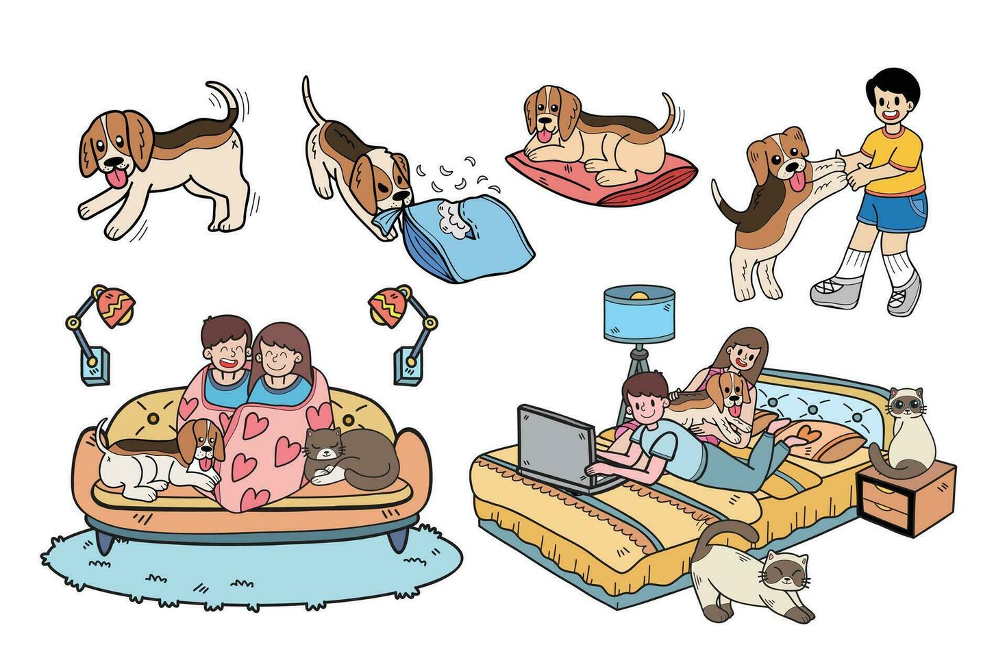 main tiré beagle chien et famille collection dans plat style illustration pour affaires des idées vecteur