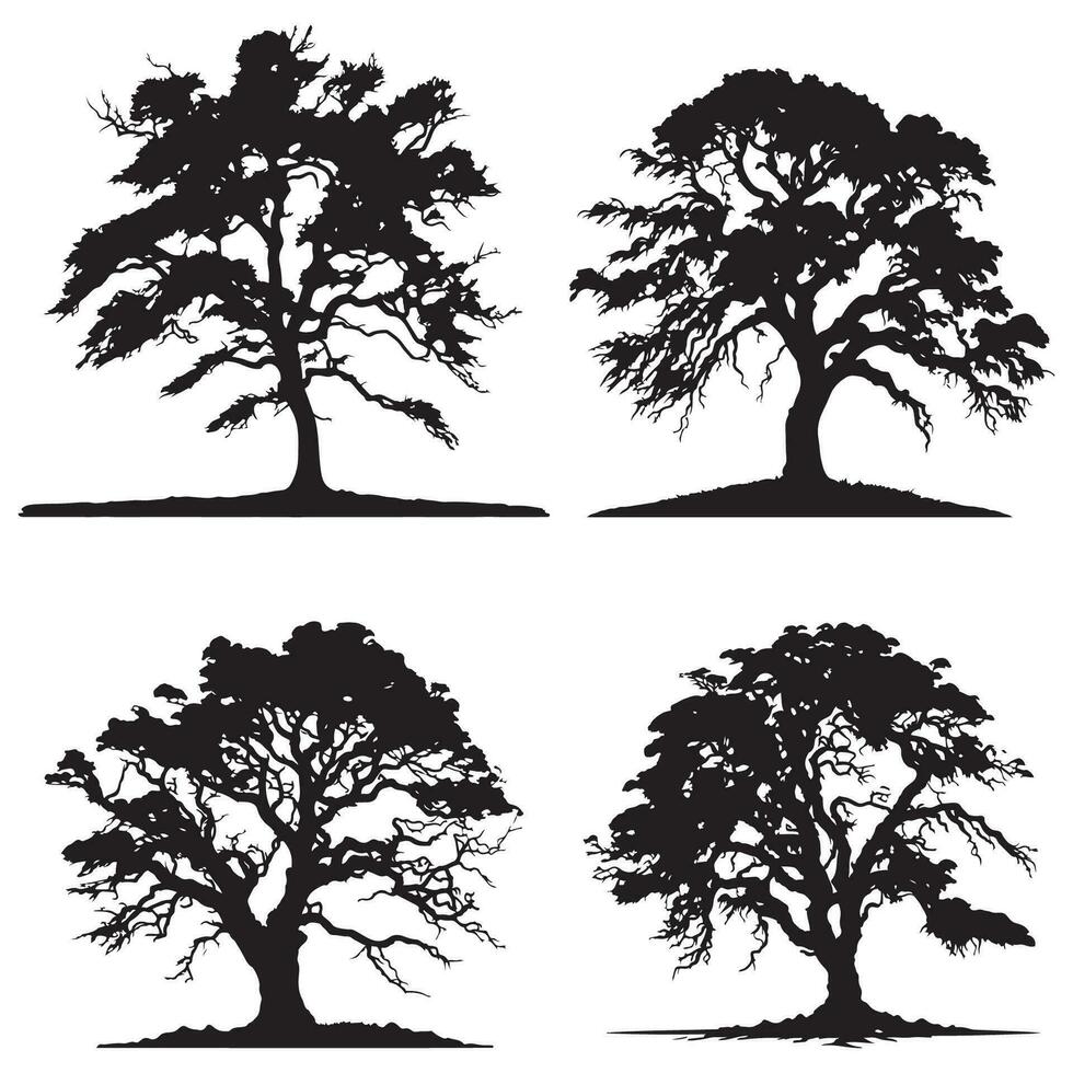 ensemble de banian des arbres silhouettes. gros arbre noir silhouette vecteur