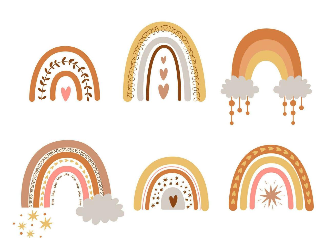 des gamins boho arcs en ciel ensemble. mignonne pastel arcs en ciel pastel. main tiré garderie collection éléments. griffonnage illustration pour bébé douche inviter anniversaire, des gamins faire la fête, été vacances, Vêtements impressions. vecteur. vecteur