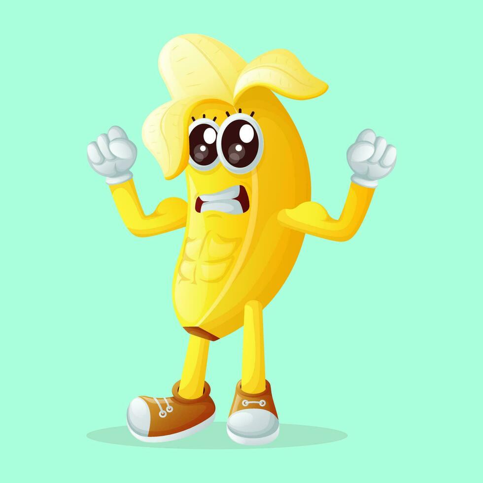 mignonne banane personnage montrant de le sien muscles vecteur