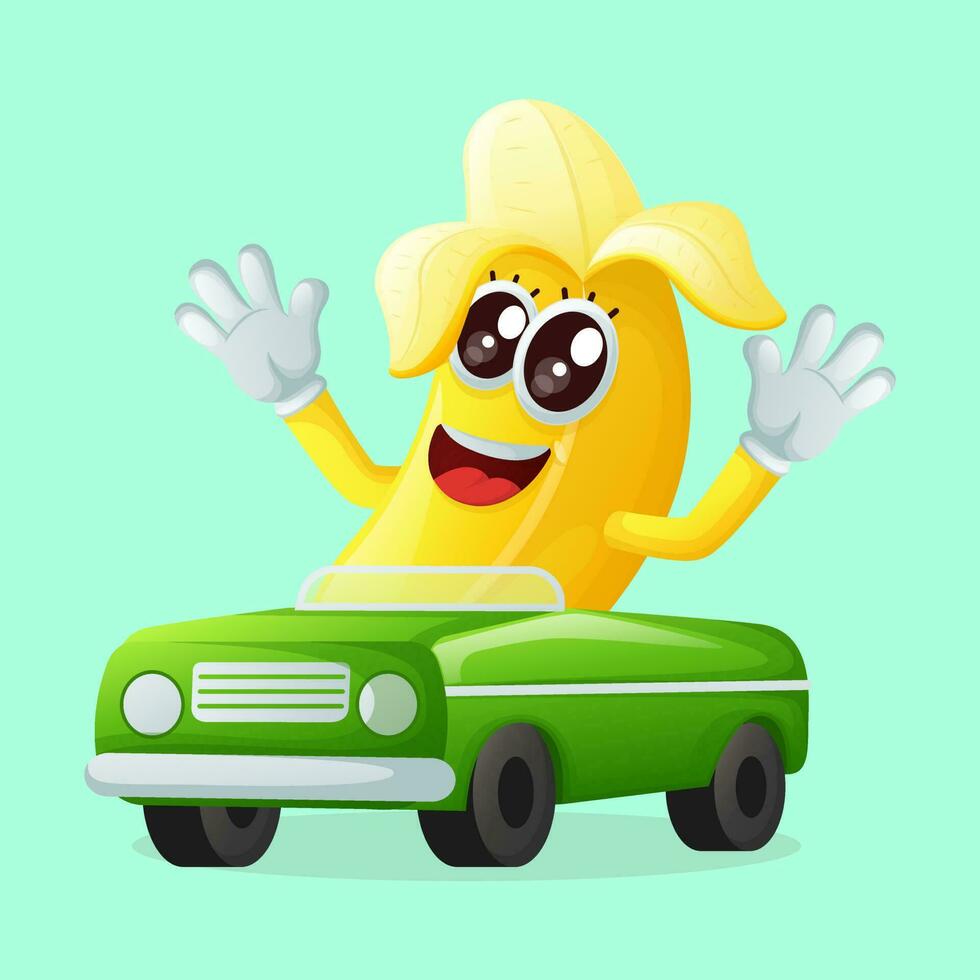 mignonne banane personnage en jouant avec voiture jouet vecteur